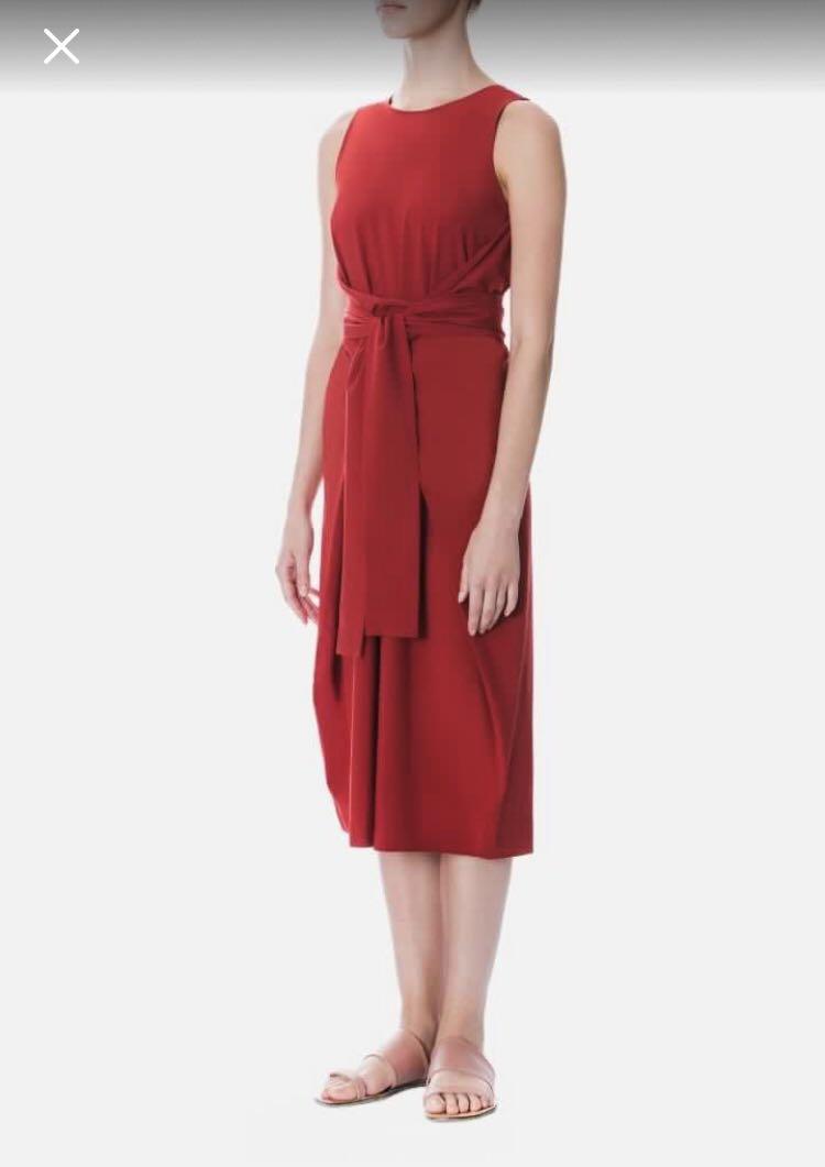 red sleeveless wrap dress