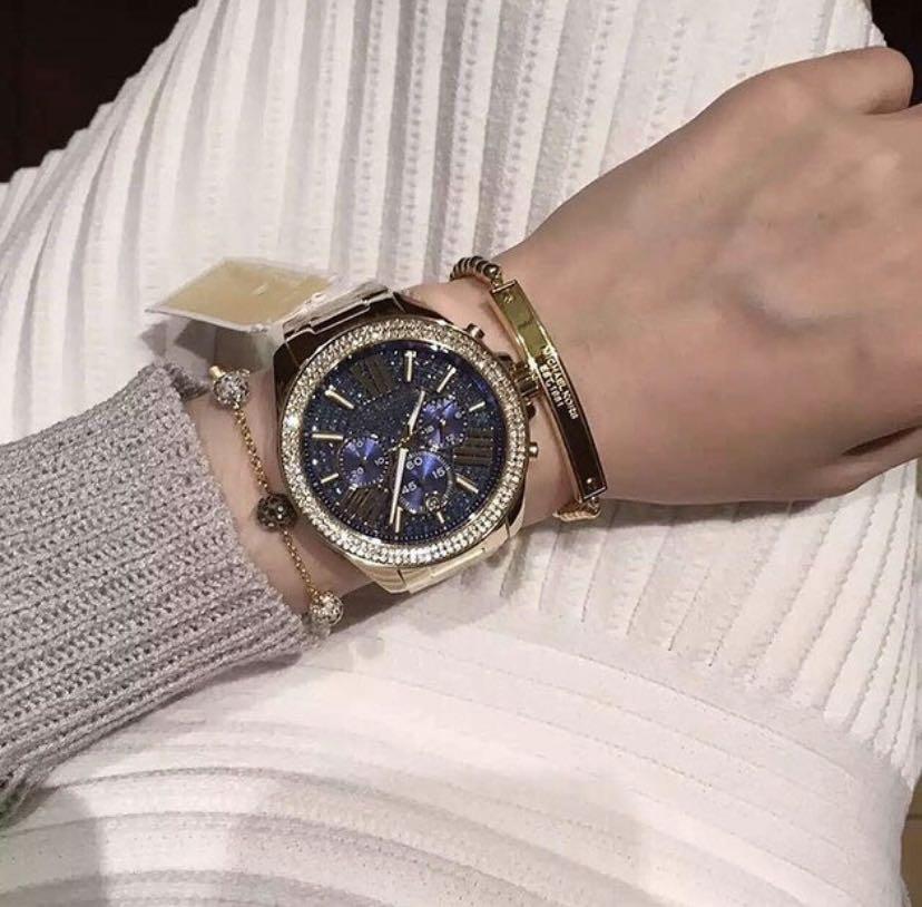 Michael Kors Wren Blue Crystal Pave Gold Tone Watch MK6291