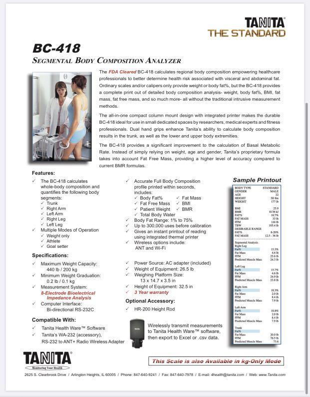 Tanita BC418 Pro Segmental Body Composition Analyzer, Health
