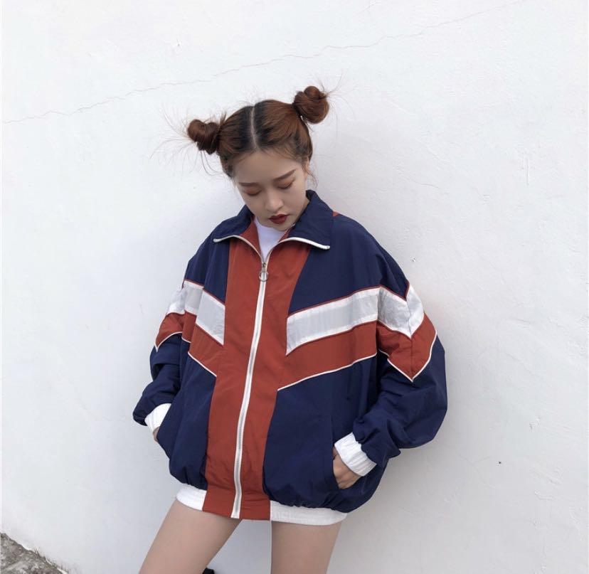 Blue white top red windbreaker