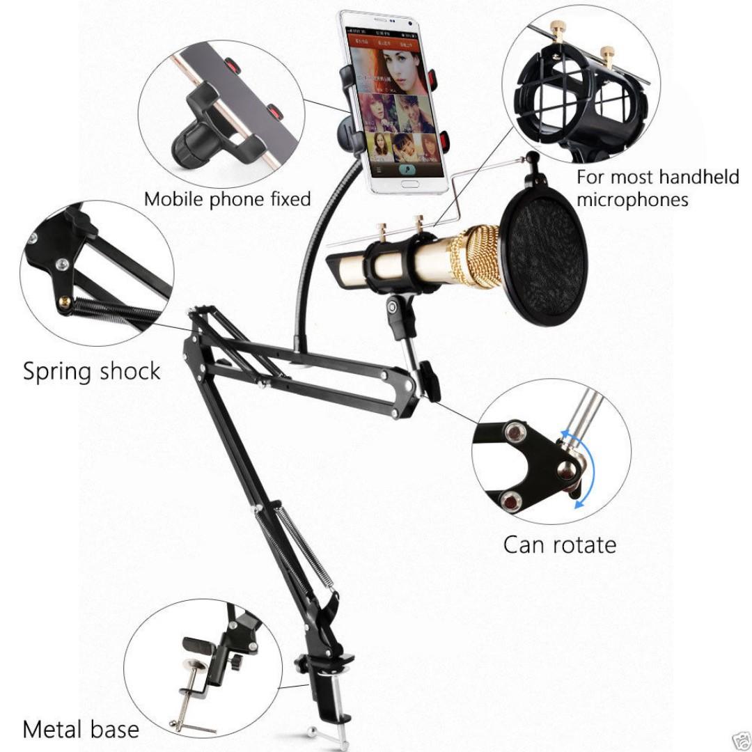 Smartphone Iphone Ipad Tablet Recording Microphone MIC Table Desktop Stand Bracket Holder (Category: Microphones) located in Manila. Submitted by kpicx (Listing ID 266573332, Image 2). Description: FEATURES: - Adjustable Scissor Arm Stand is made of high quality steel frame, sturdy and durable - Adjustable arms allow you to adjust the suitable angle - Steel Base Mounting Clamp, can be mounted on the announcers table securely - The Microphone Wind