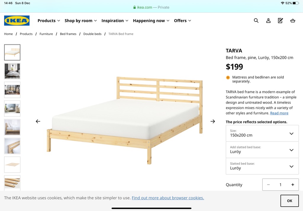 Ikea TARVA Double bed FRAME ONLY 200cm x 150cm, Furniture & Home