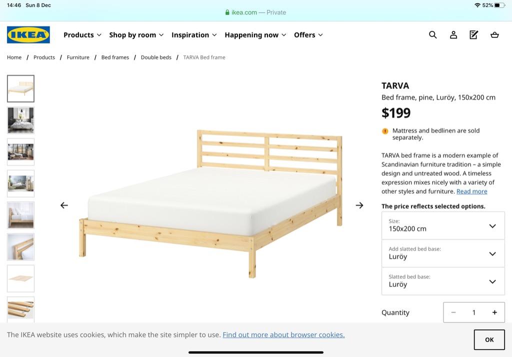 Ikea TARVA Double bed FRAME ONLY 200cm x 150cm, Furniture & Home