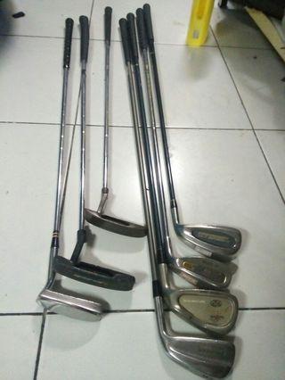 Golf set, Woods, Irons, putters (assorted) and caddy golf bags