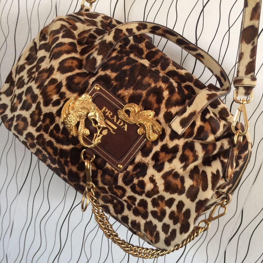 GENUINE PRADA BAG LEOPARD PRINT CALF HAIR & LEATHER TOP HANDLE