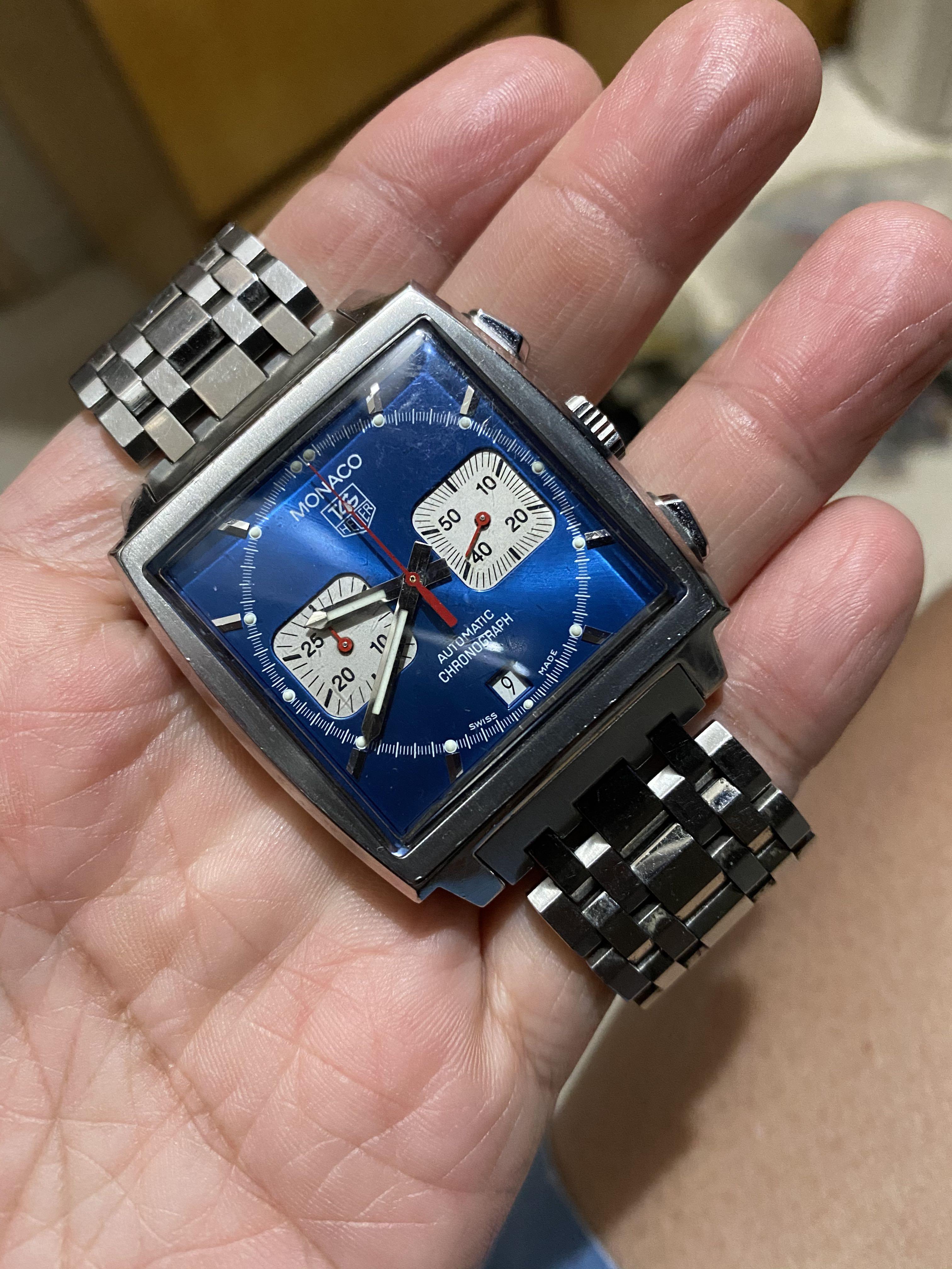 Heuer Monaco Swiss Made 舊版密底藍面膠面自動計時不銹鋼90 新100 走時計 時準確 十幾年表未曾打磨外表保持原汁原味 有保修咭 盒爛已掉 有意留電