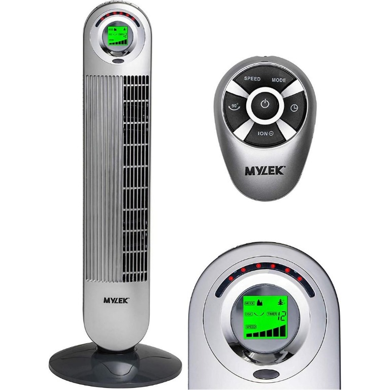 34, Silver Air Cleaning Ioniser Sleep Mode & Breeze Mode 6 Speed Settings MYLEK CYCLOPS Oscillating Tower Fan with Remote Control 1-12h Timer 