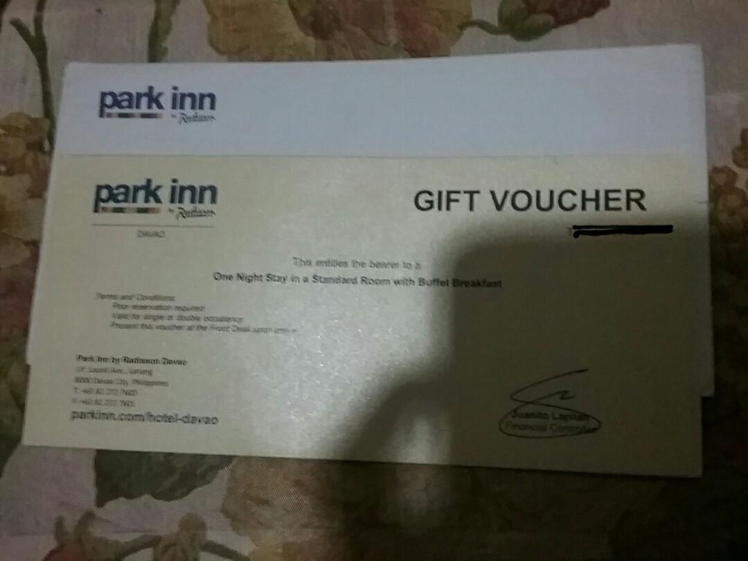 Park inn Radisson Davao GC (Category: Store Credits) located in Manila. Submitted by jermal.victor (Listing ID 266425703, Image 2). Description: Am selling Park Inn Radisson Davao overnight stay gift certificate in a standard room with buffet breakfast included. This GC has no expiration. LAST PRICE POSTED, Its very cheap already, location is at the back of SM Lanang. Asking for last price ignored..