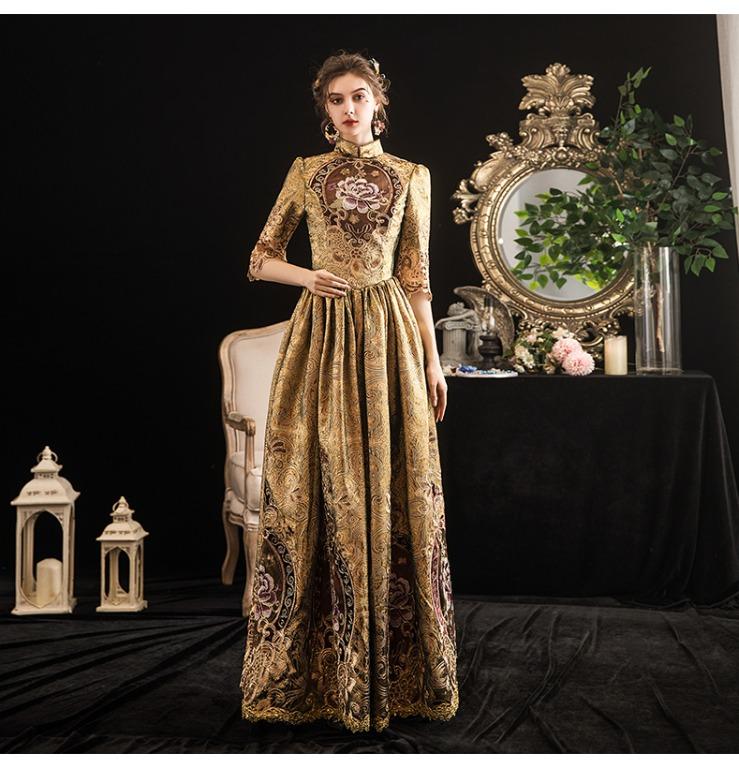 Gold ball gown with sleeves outlet