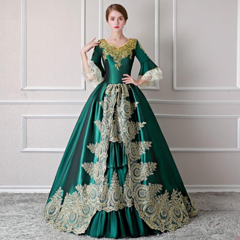 Pre order Medieval Green Gold Long Sleeve Victorian Ball Gown