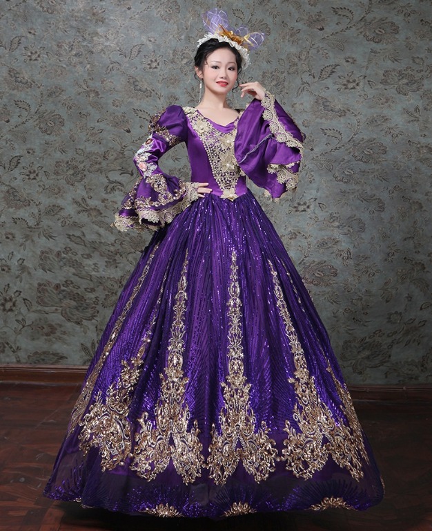 Pre order Medieval purple blue black green glitter Long Sleeve Victorian Ball Gown Dress Wedding Bridal RBMWD0333