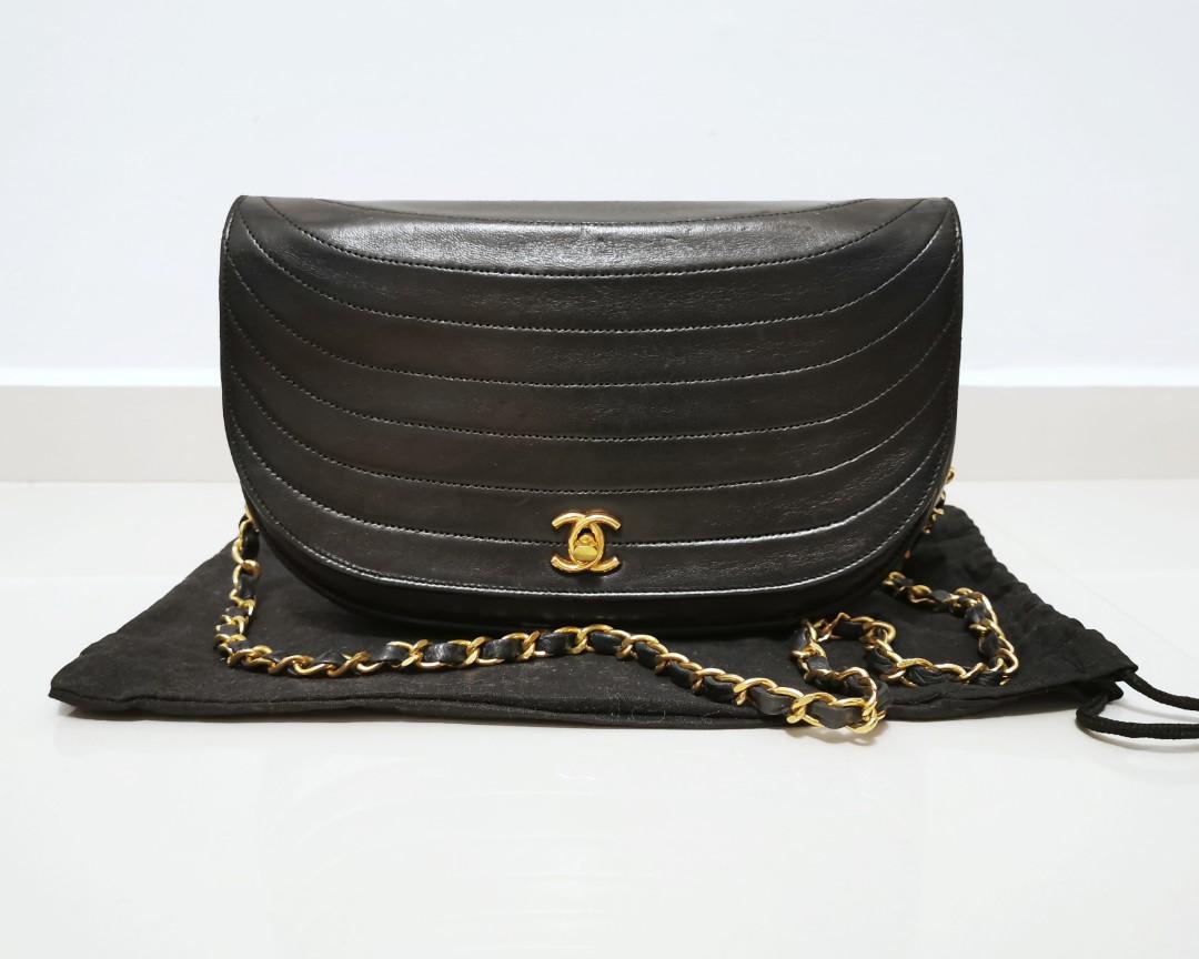 Authentic CHANEL Vintage Lambskin Half Moon Flap Bag Black Gold