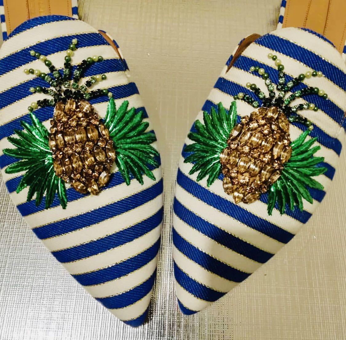 Aquazzura Mule Pinapple with Blue Stripe Sepatu Mule Aquazzura Pineapple with Blue stripe Summer 2017