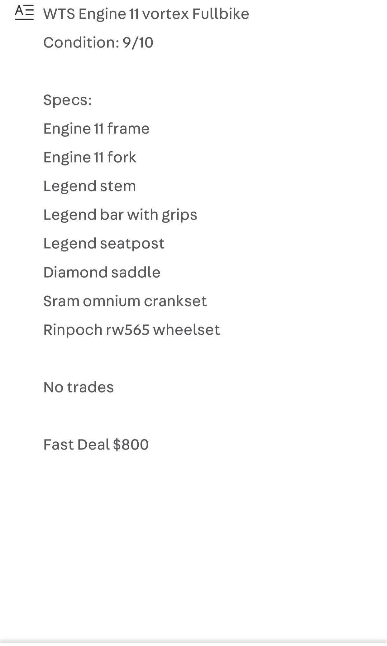 Engine 11 vortex (Category: Bicycles) located in Singapore. Submitted by 36vleh (Listing ID 267164056, Image 3). Description: Specs at 3 page dm for fast deal.