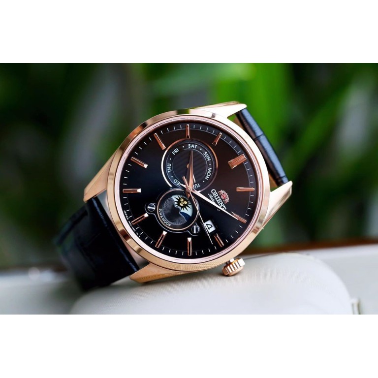 Orient Sun Moon Gen 5 Black Dial Rose Gold Case Black Leather RA