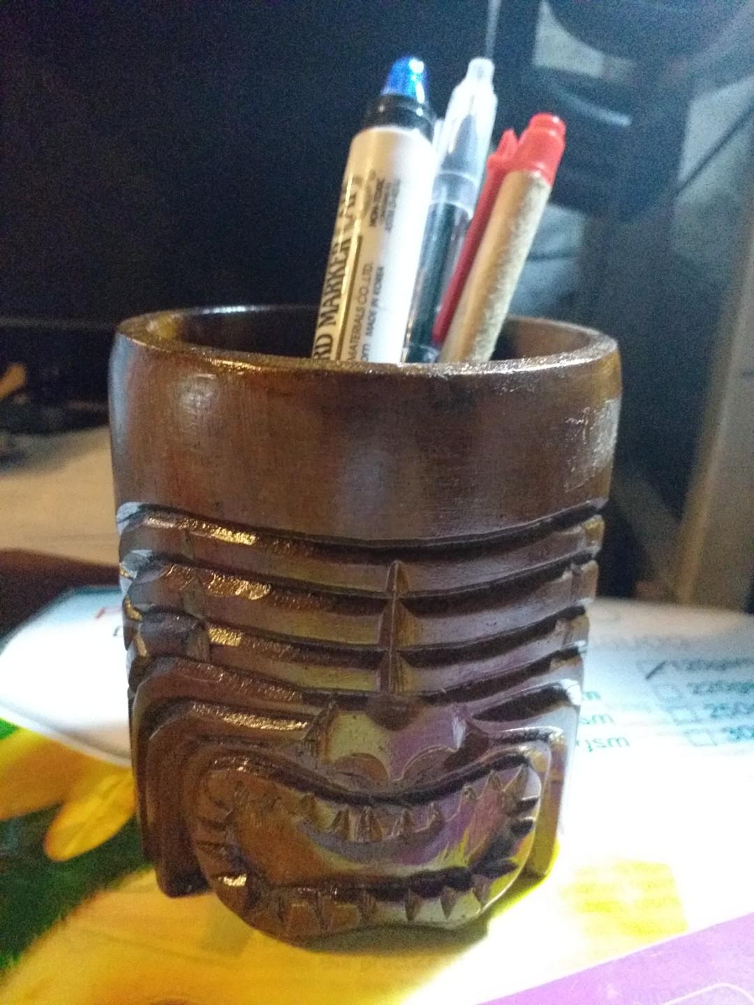 Wooden round pen holder/ organizer (Category: Soil & Fertilisers) located in Manila. Submitted by sherrie97 (Listing ID 266995774, Image 1). Description: Slightly used tiki design wooden penholder/desk organizer.