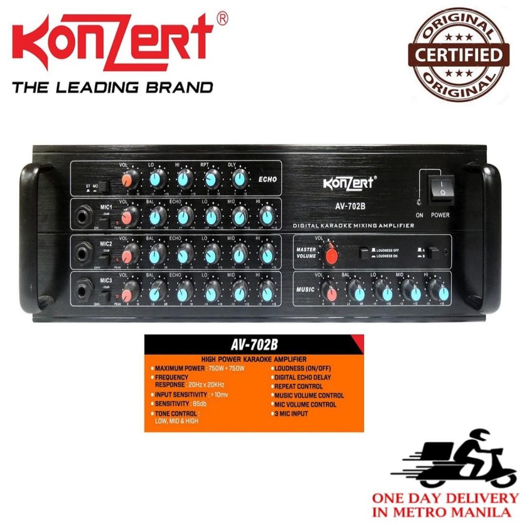 KONZERT AV AMPLIFIER ( Authentic ) (Category: Soundbars, Speakers & Amplifiers) located in Manila. Submitted by dfa172001 (Listing ID 267245258, Image 2). Description: KONZERT AV AMPLIFIER KONZERT AV 303B ( 400 watts + radio ) - 3900 pesos KONZERT AV 502B ( 1000 watts ) - 5500 pesos KONZERT AV 602R ( 1000 watts FM, USB, SD, REMOTE ) - 7000 pesos Please Call or Text us at 09228951680 / 09279946274 .