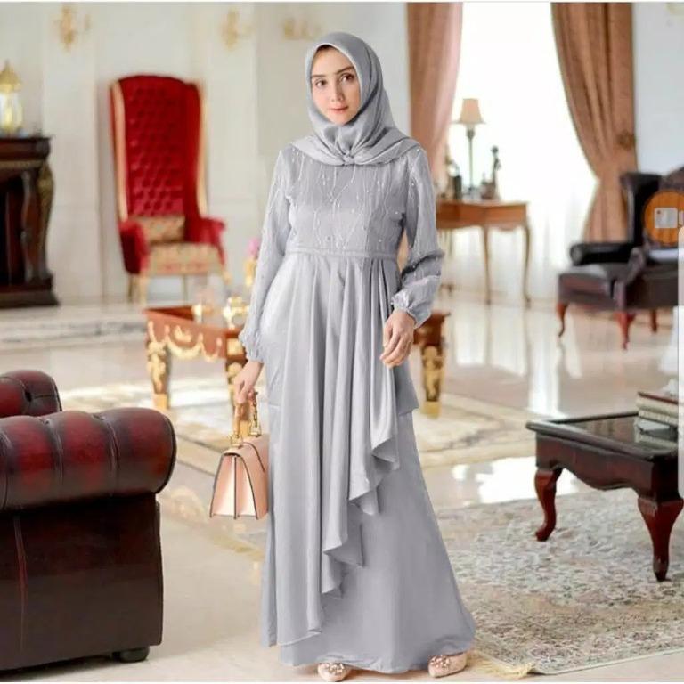 Pre order Muslimah Khanaya maxi long dress baju dinner nikah tunang long sleeve nude grey pink blue Women s Fashion Muslimah Fashion Dresses on Carousell