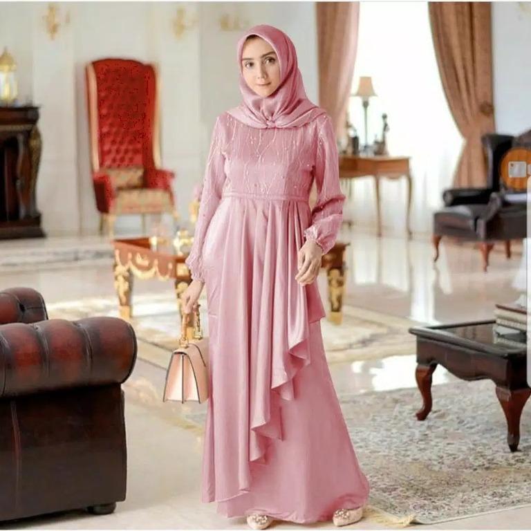 Pre order Muslimah Khanaya maxi long dress baju dinner nikah tunang long sleeve nude grey pink blue