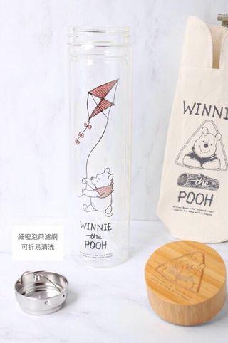 Disney 迪士尼 野餐維尼雙層耐熱玻璃濾茶隨手瓶套組500ml