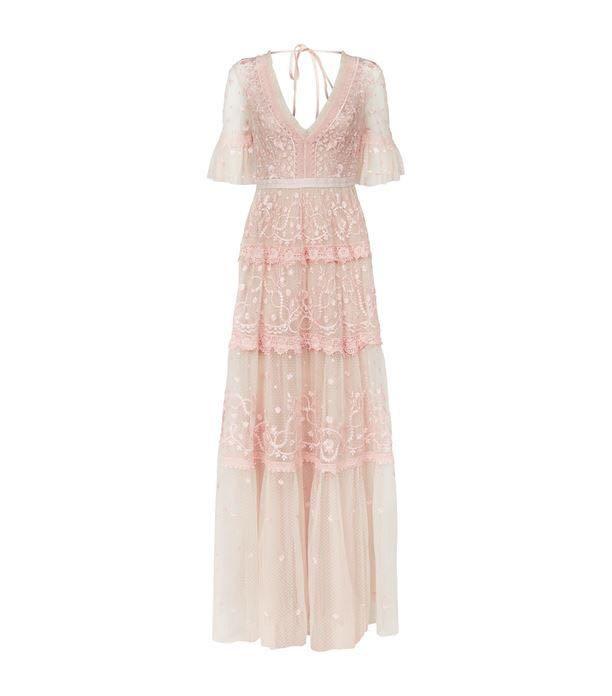 needle & thread embroidered maxi dress with flutter sleeve in rose