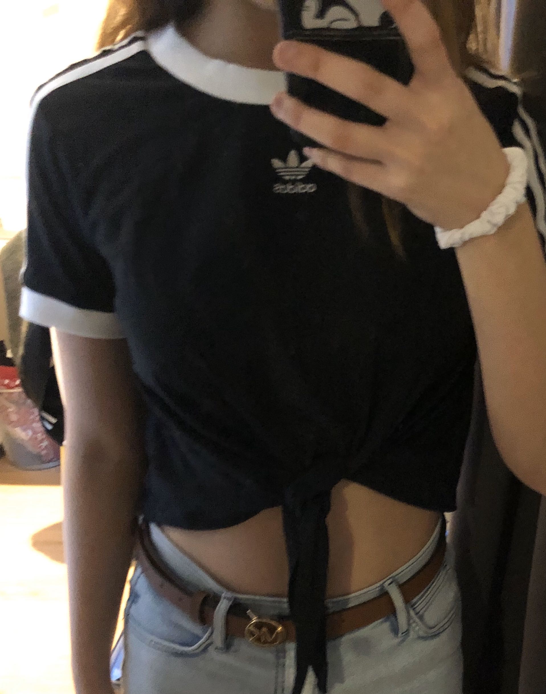Adidas Originals Black Three Stripe Knot Crop Top Shirt Women s