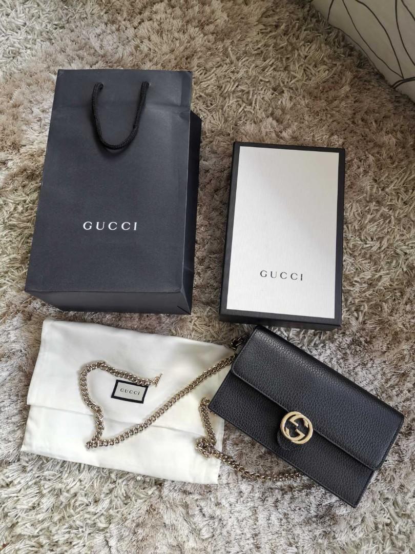 Authentic Gucci Interlocking Wallet on Chain in Black, Luxury, Bags &  Wallets on Carousell