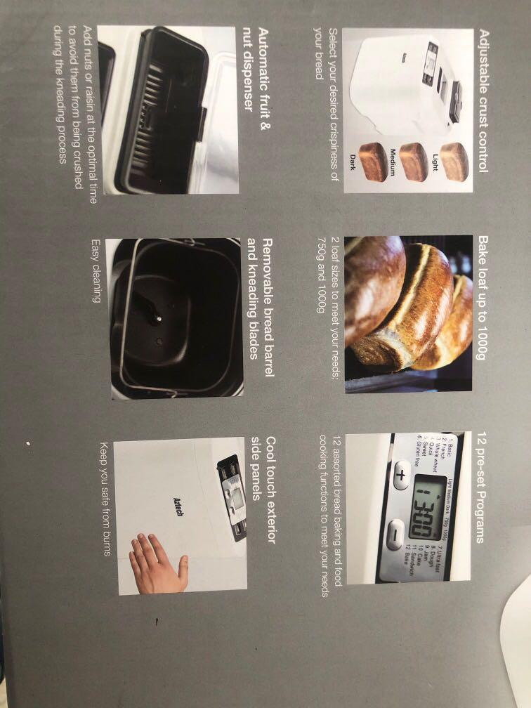 Bread maker (Category: Coffee Machines & Makers) located in Singapore. Submitted by giftanidea (Listing ID 267390920, Image 3). Description: Aztech bread maker with: 12 pre set programs Automatic fruit & nut dispenser Bake loaf up to 1000g.