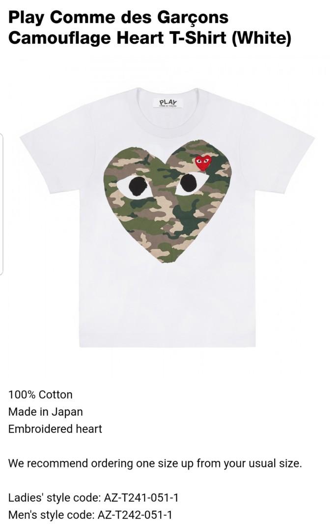 CDG Play Big Heart Camo Men Tshirt Men s Fashion Tops Sets