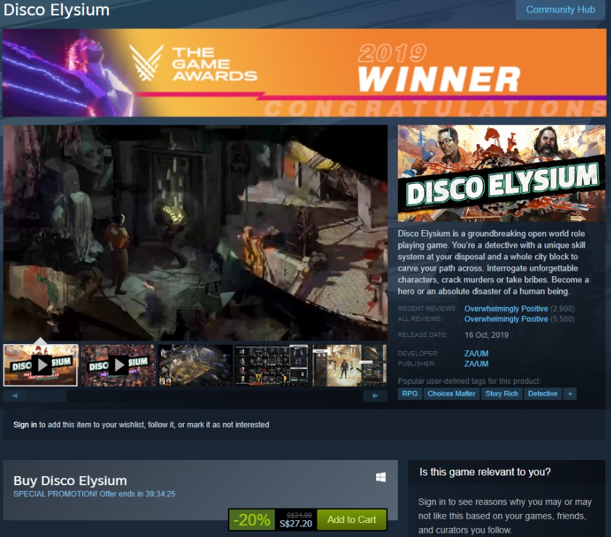 *Steam Game Disco Elysium (Up to 20 + 20 Discount) Valid until 14th