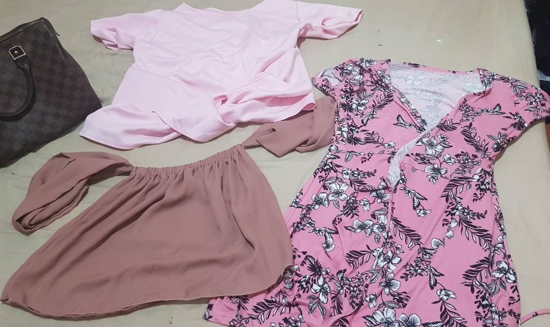 2 tops and 1 dress (Category: Blouses) located in Quezon City. Submitted by smart_trader (Listing ID 267622225, Image 1). Description: Very nice 2 tops. And wrap around mini dress.. Prelove 3 for 500.