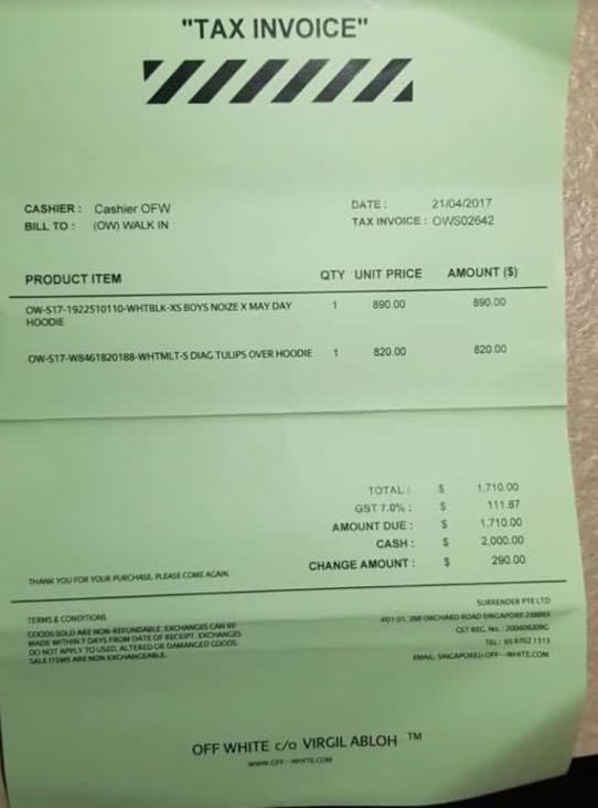 Off white sales hoodie receipt