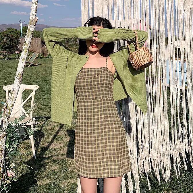 PO green cami plaid dress Women s Fashion Tops Sleeveless on