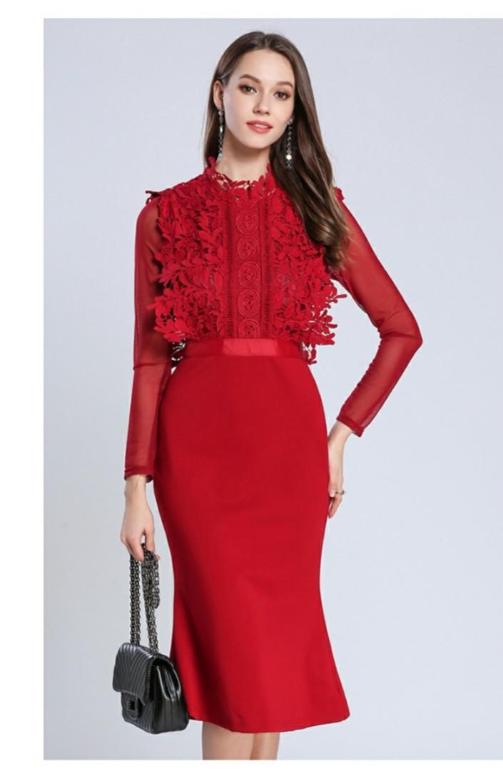 REd ladies lace long sleeve dress Women s Fashion Muslimah