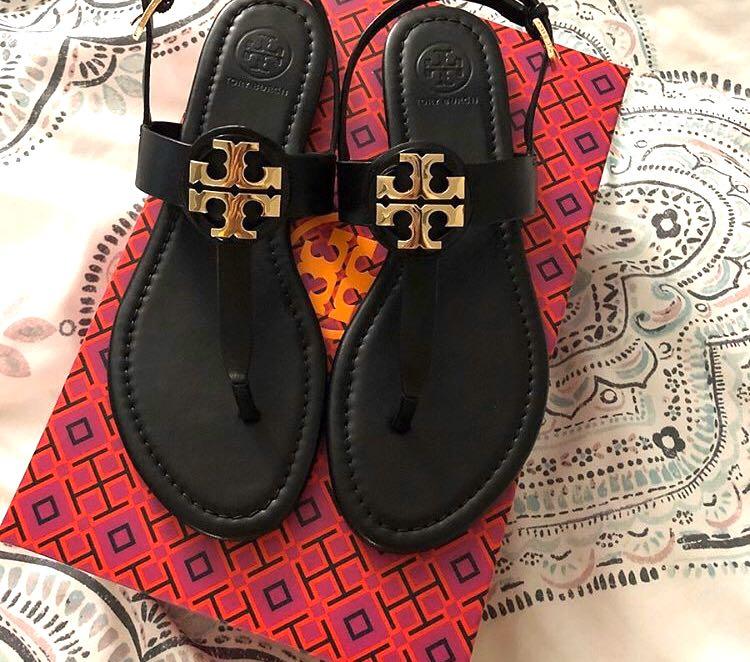 Tory Burch Bryce Flat Thong Sandals Leather Black from USA 1 Stock ONLY  SIZE 7 ??, Women's Fashion, Footwear, Flats & Sandals on Carousell