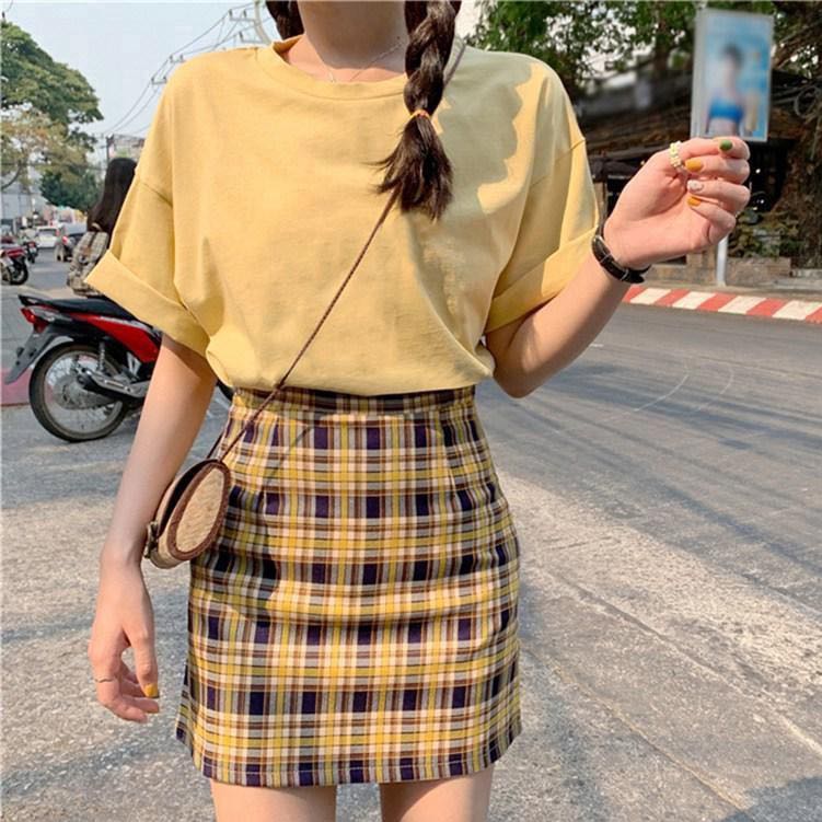 245 SET ulzzang checkered plaid mustard yellow skirt and plain