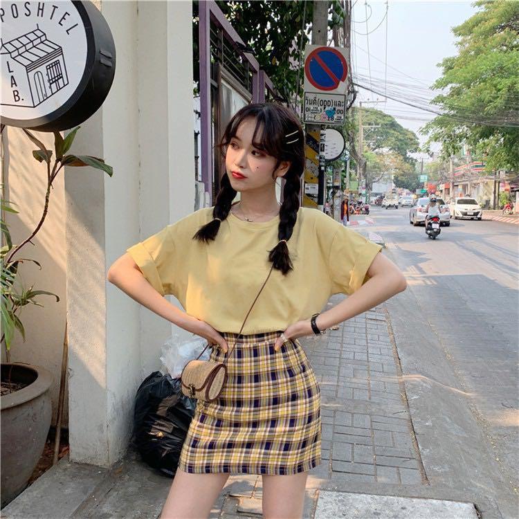 Plaid yellow outlet skirt set