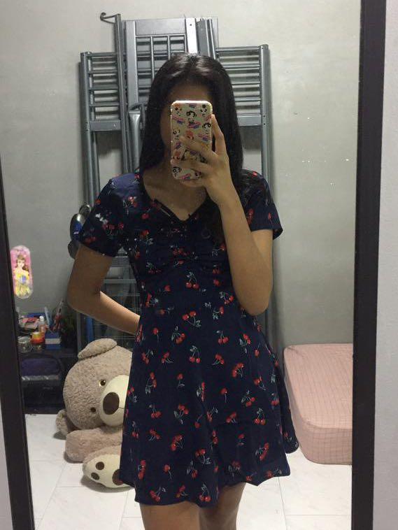 588 navy floral cherry print v neck dress a line midi mid thigh dress cny sweet korean ulzzang vintage retro Women s Fashion Tops Sleeveless on Carousell