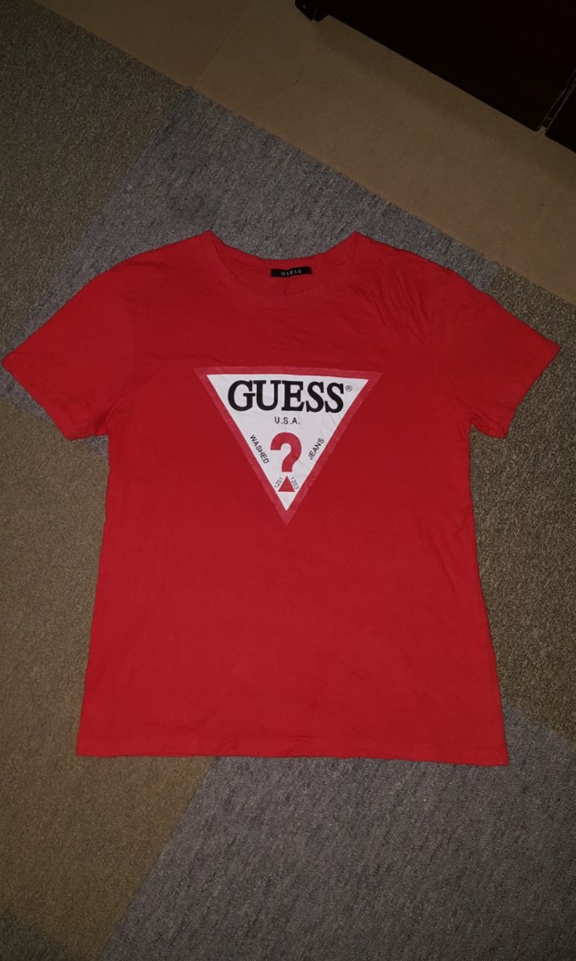 Guess Logo Red Tshirt Original, Luxury, Apparel on Carousell