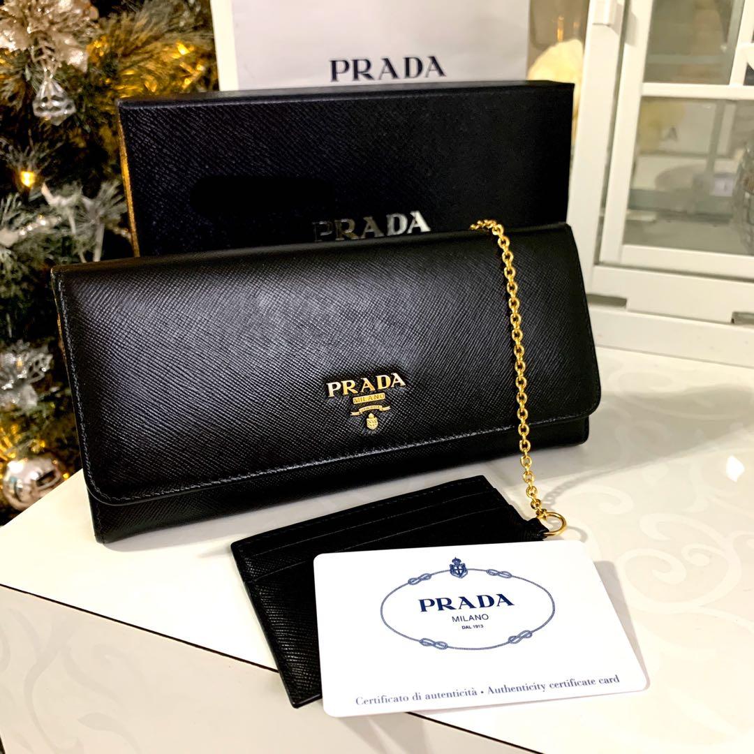 Authentic Prada Saffiano Leather Long Wallet with chain card 