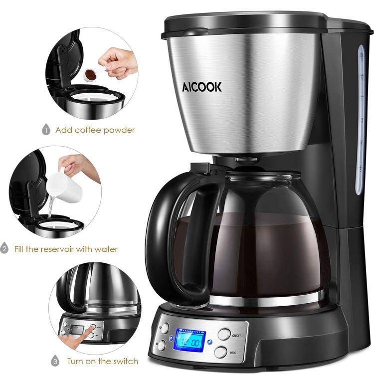 Carafe Anti-Drip System Coffee Maker Permanent Reusable Filter Black and Silver. Aicook 12 Cup Programmable Coffee Maker with Timer Filter Coffee Machine