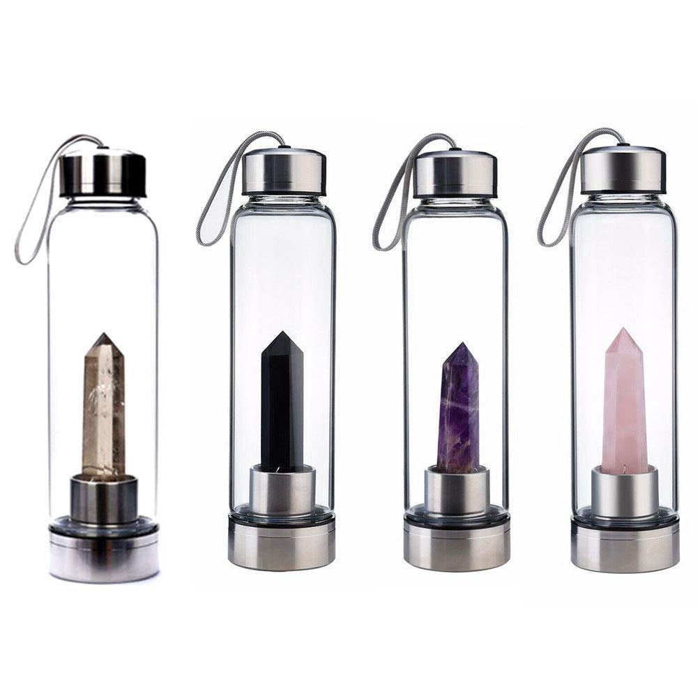 Genuine Crystal Obelisk Glass Water Bottle Elixir Smoky Quartz