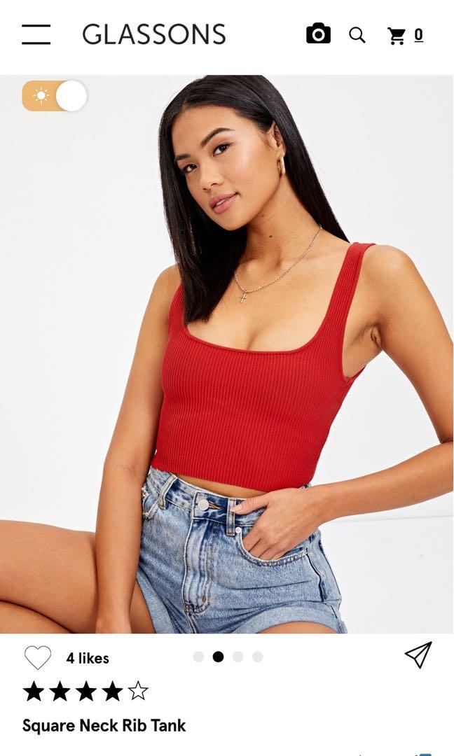 Glassons Square Neck Rib Tank Red Women S Fashion Clothes Tops On Carousell