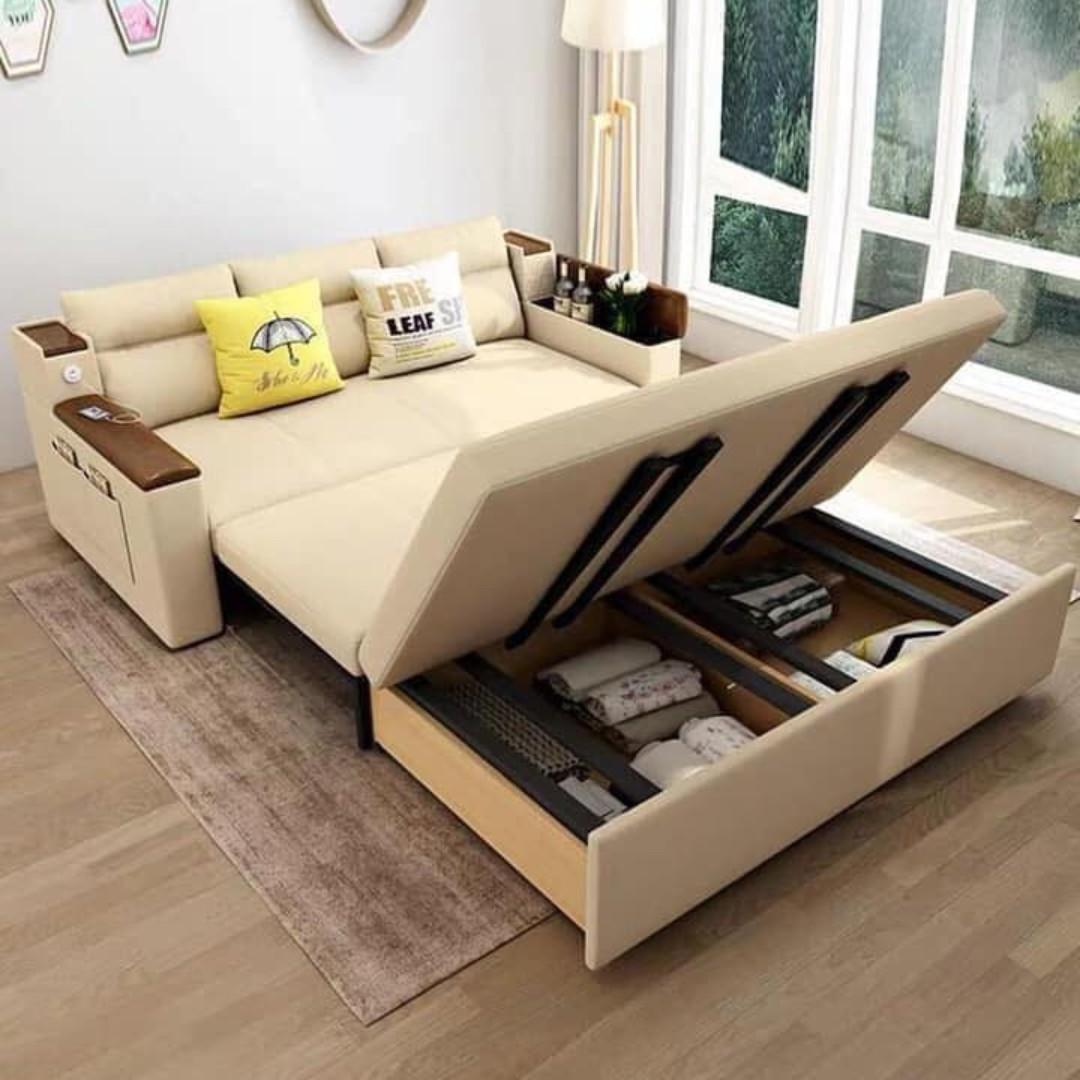 High Grade 4 in 1 Sofa Bed with Storage Function (Category: Sofas) located in Manila. Submitted by sportshubb (Listing ID 267921136, Image 2). Description: High Grade 4 in 1 Sofa Bed with Storage Function Up to 500kg With USB charging slot Pine wood Colors available: gray Sizes and Price: Size: 190cm x 150cm Price: P15,600 With free 2 back pillows and 2 small pillows Size: 190cm x 180cm Price: P17,500 With free 2 back pillows and 2 small pillows 