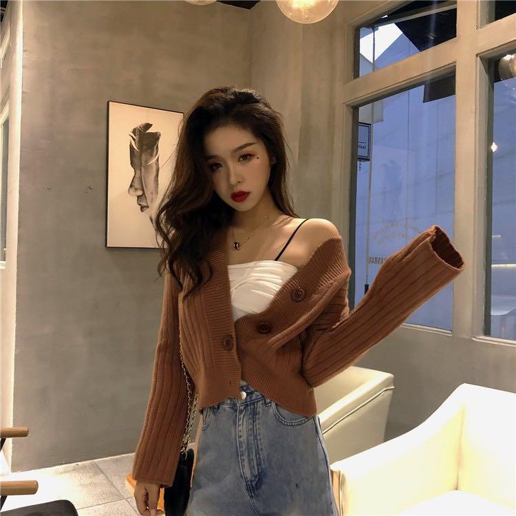 591 3 COLOURS white beige brown button up knitted cardigan