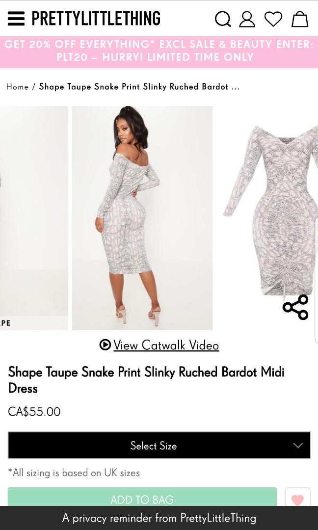 shape taupe snake print slinky ruched bardot midi dress