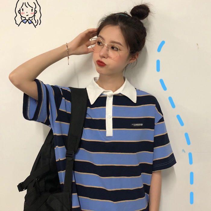 423 2 COLOURS blue orange striped polo button up tee polo tee stripes black ulzzang korean oversized bf shirt Women s Fashion Tops Other Tops on Carousell