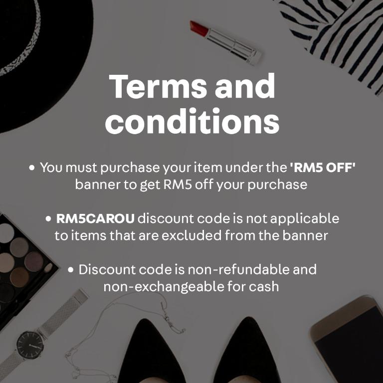 [PROMO CODE ENDED] (Category: Makeup) located in Kuala Lumpur. Submitted by carousell_my (Listing ID 268447902, Image 3). Description: Now you can apply promo code to get discounts on Carousell! Discounts for everyone yeah yeah~! Just purchase ANY Items from sellers with Carousell Protection (BETA) enabled listings and apply 'RM5CAROU' promo code during the checkout, your RM5 discount is on us! Don't miss out on this awesome deal! Shop now! Terms