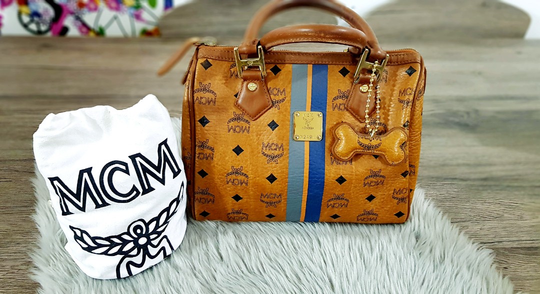 Authentic Mcm Cognac w stripe Dog Bone Charm