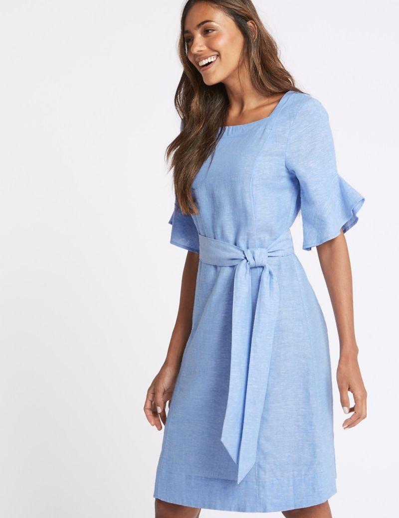 MARKS SPENCER Linen Blend Half Sleeve Tunic Dress In Blue